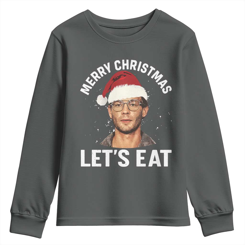True Crime Ugly Christmas Youth Sweatshirt Funny Jeffrey Dahmer Merry Xmas Lets Eat TS10 Dark Heather Print Your Wear