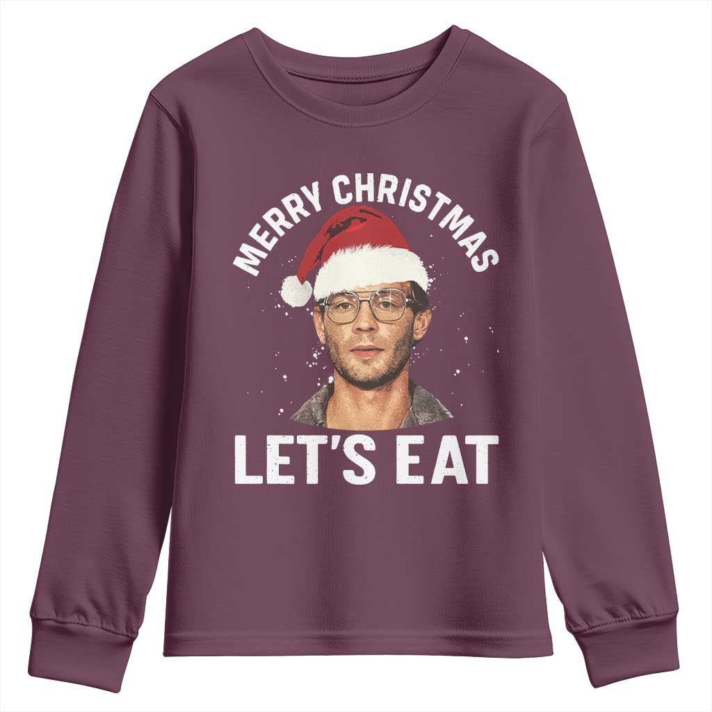 True Crime Ugly Christmas Youth Sweatshirt Funny Jeffrey Dahmer Merry Xmas Lets Eat TS10 Maroon Print Your Wear