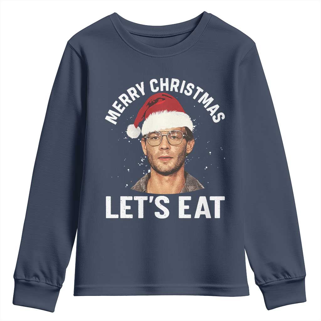 True Crime Ugly Christmas Youth Sweatshirt Funny Jeffrey Dahmer Merry Xmas Lets Eat TS10 Navy Print Your Wear