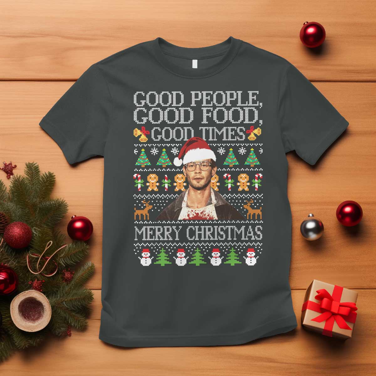 True Crime Ugly Christmas T Shirt Funny Jeffrey Dahmer Good Food Sick Humor TS10 Dark Heather Print Your Wear