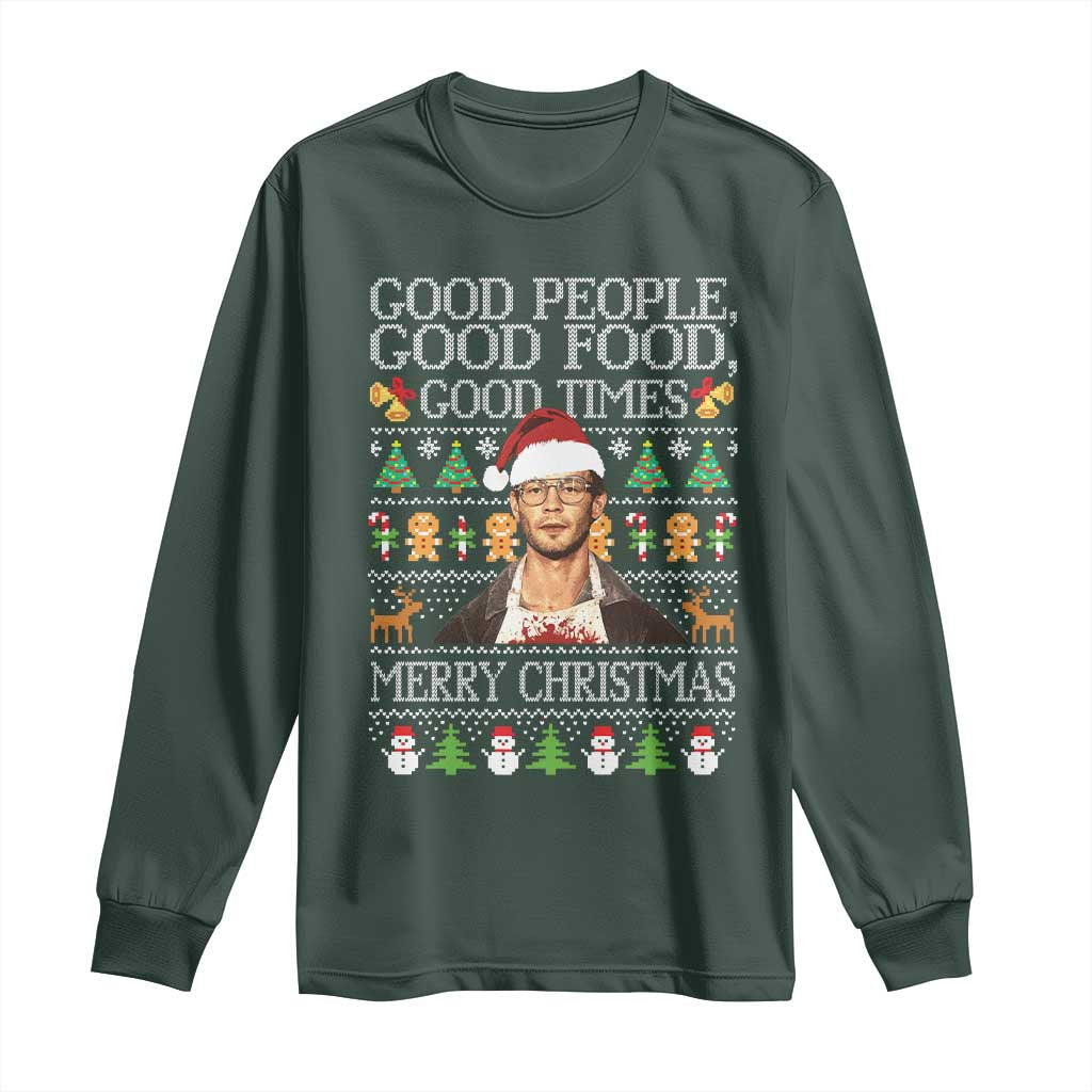 True Crime Ugly Christmas Long Sleeve Shirt Funny Jeffrey Dahmer Good Food Sick Humor TS10 Dark Forest Green Print Your Wear