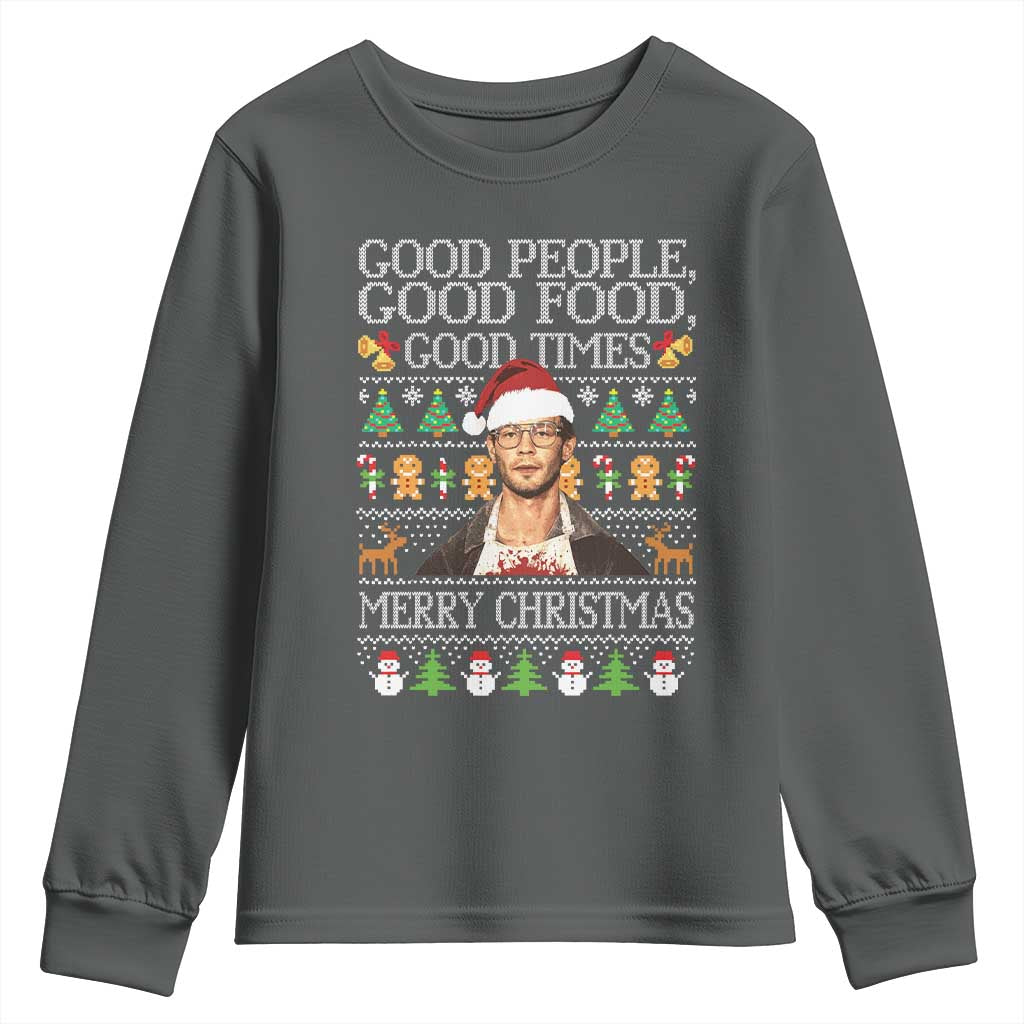 True Crime Ugly Christmas Youth Sweatshirt Funny Jeffrey Dahmer Good Food Sick Humor TS10 Dark Heather Print Your Wear