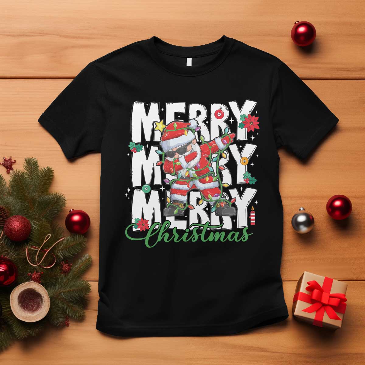 Merry Christmas Santa T Shirt Dabbing Santa Xmas Lights TS10 Black Print Your Wear