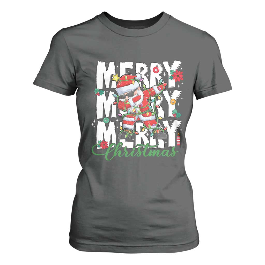 Merry Christmas Santa T Shirt For Women Dabbing Santa Xmas Lights TS10 Dark Heather Print Your Wear