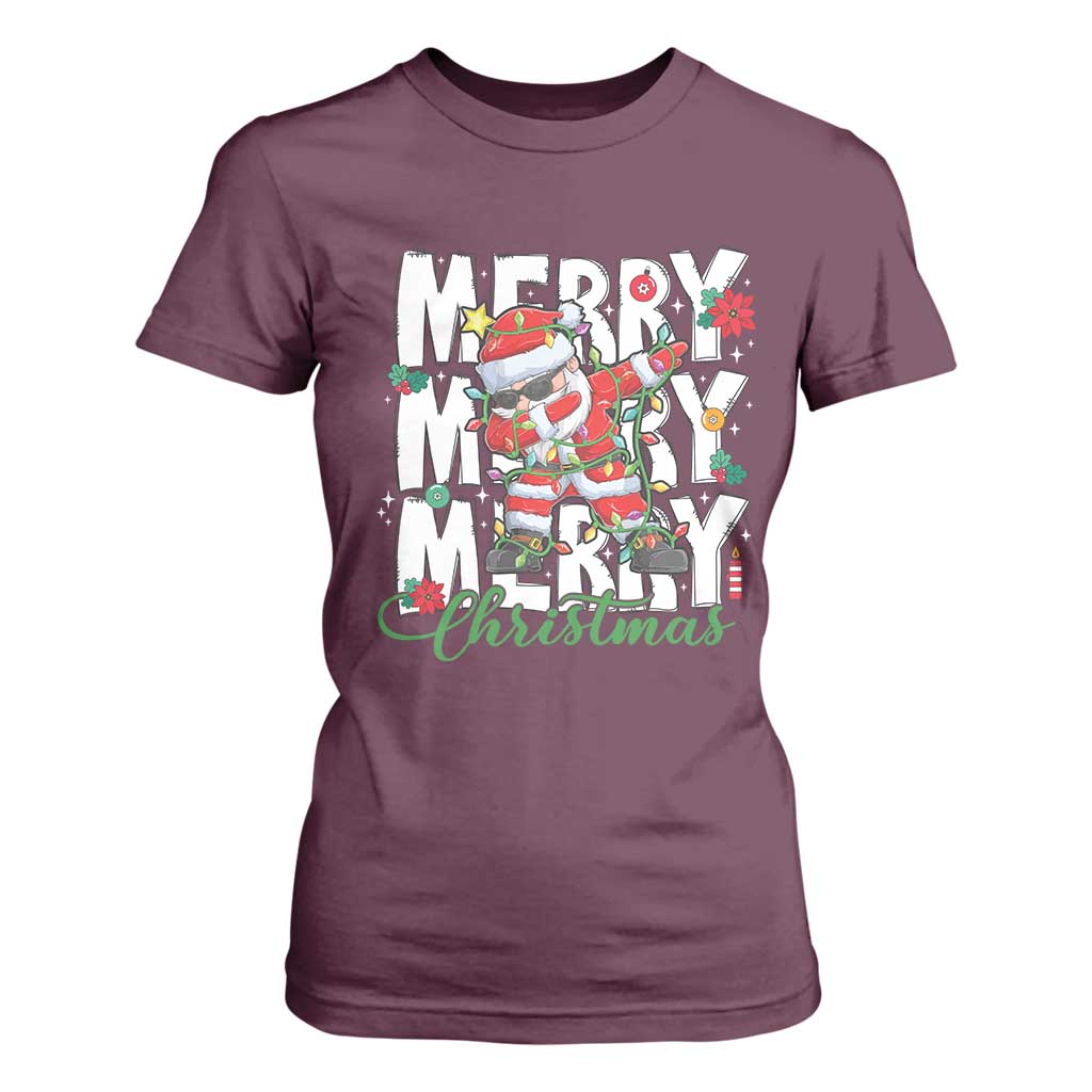 Merry Christmas Santa T Shirt For Women Dabbing Santa Xmas Lights TS10 Maroon Print Your Wear