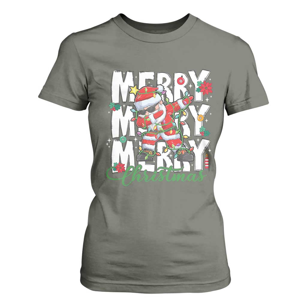 Merry Christmas Santa T Shirt For Women Dabbing Santa Xmas Lights TS10 Military Green Print Your Wear