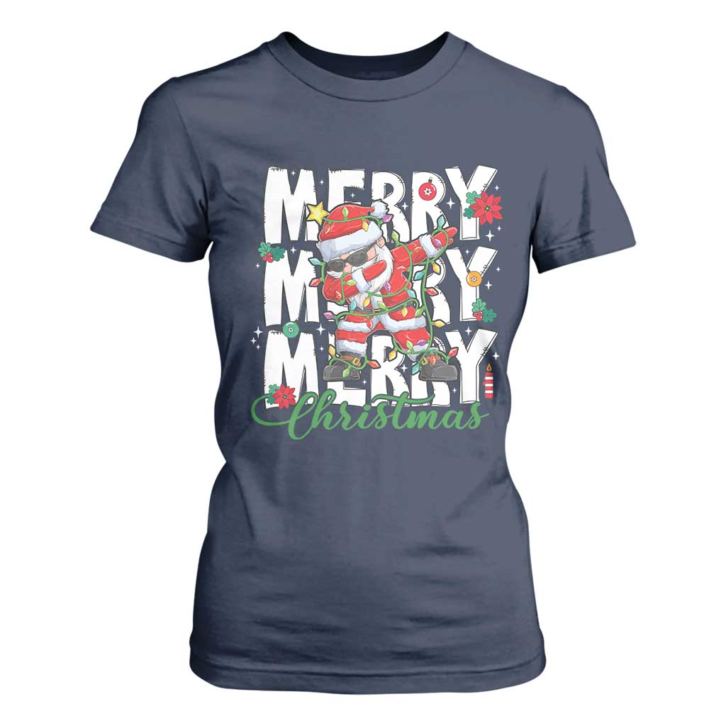 Merry Christmas Santa T Shirt For Women Dabbing Santa Xmas Lights TS10 Navy Print Your Wear