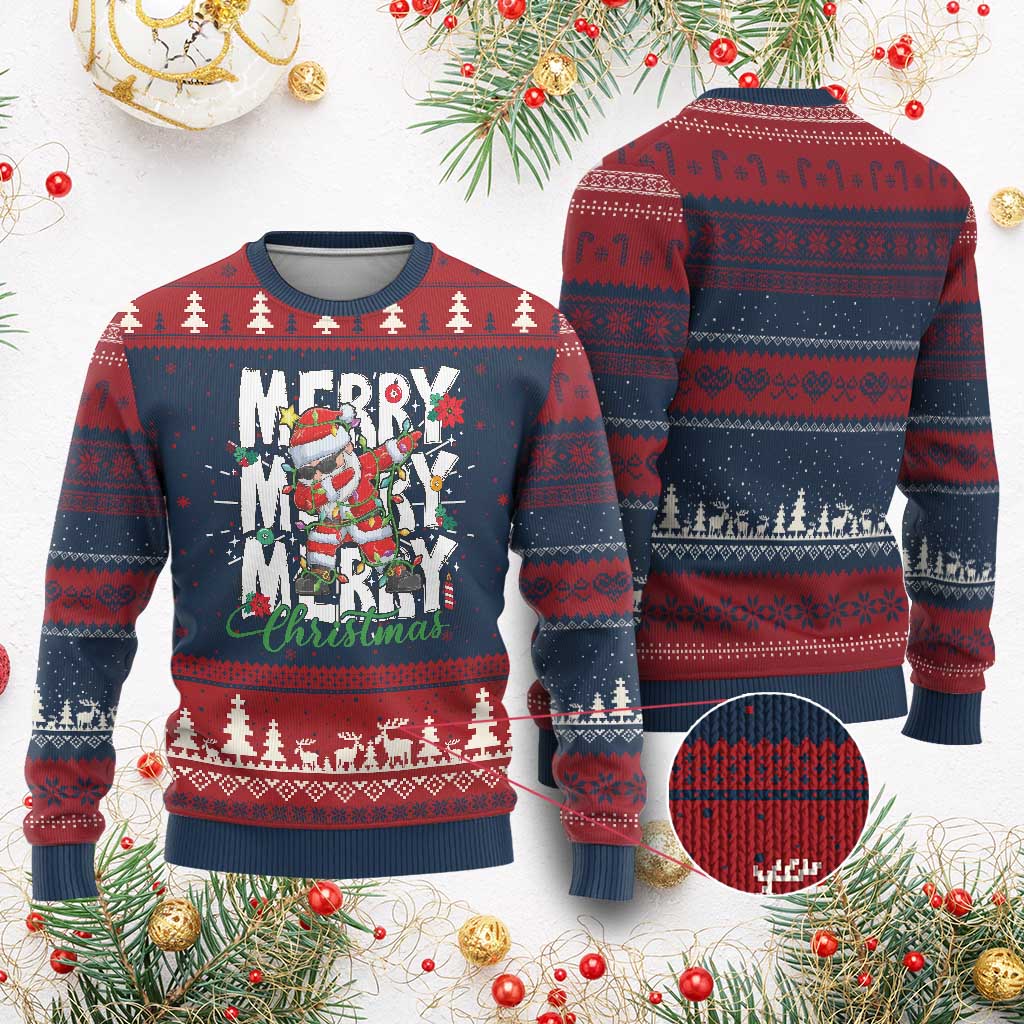 Merry Christmas Santa Knit Sweatshirt Dabbing Santa Xmas Lights - Print Your Wear