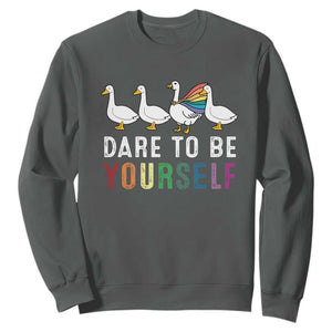 Rainbow Goose Dare to Be Yourself LGBTQ Pride Sweatshirt TS10 Dark Heather Print Your Wear