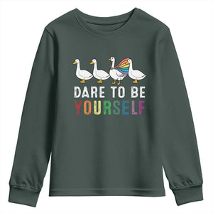 Rainbow Goose Dare to Be Yourself LGBTQ Pride Youth Sweatshirt TS10 Dark Forest Green Print Your Wear