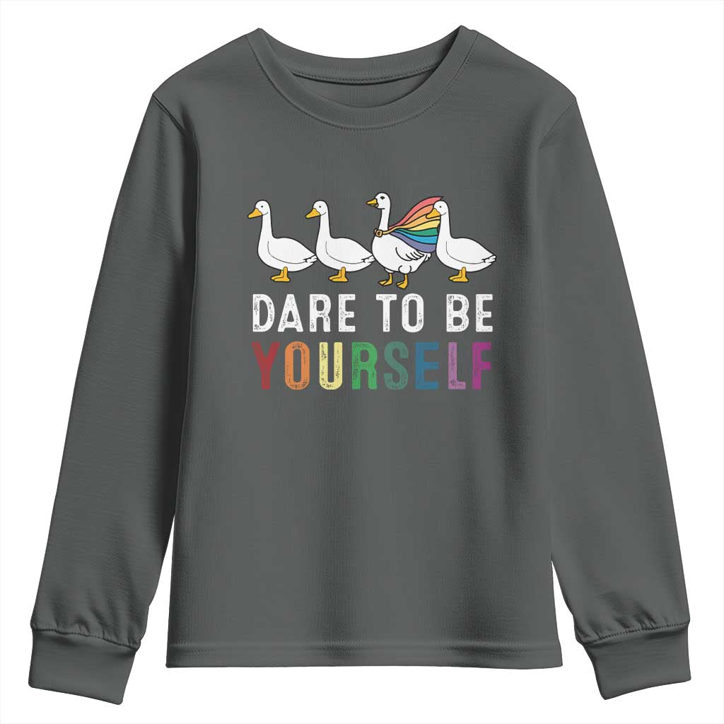 Rainbow Goose Dare to Be Yourself LGBTQ Pride Youth Sweatshirt TS10 Dark Heather Print Your Wear