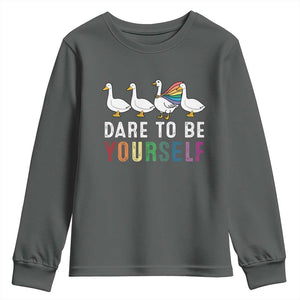Rainbow Goose Dare to Be Yourself LGBTQ Pride Youth Sweatshirt TS10 Dark Heather Print Your Wear