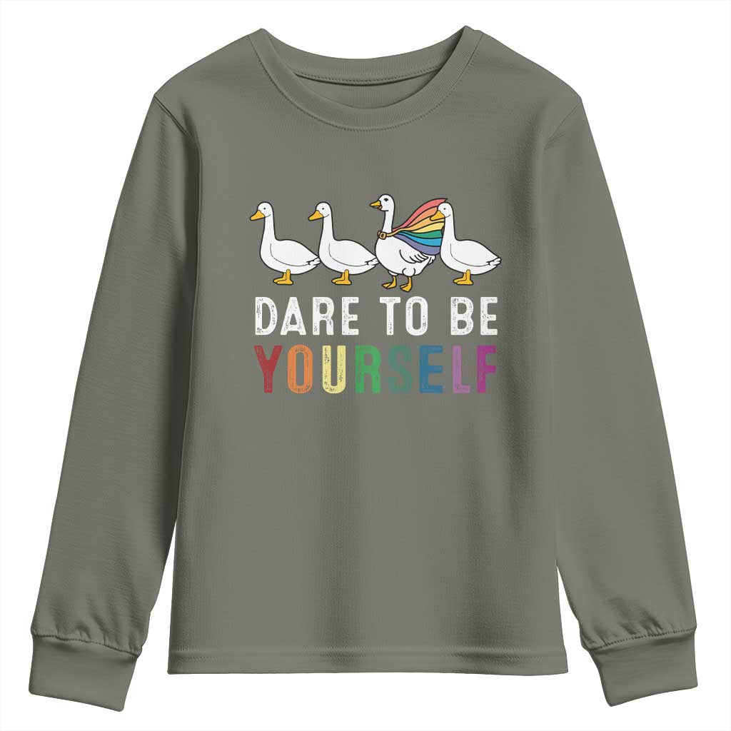 Rainbow Goose Dare to Be Yourself LGBTQ Pride Youth Sweatshirt TS10 Military Green Print Your Wear