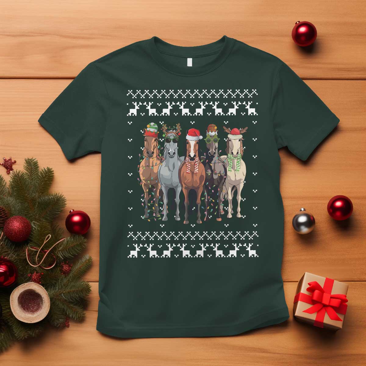 Horse Christmas T Shirt Western Cowboy Cowgirl Howdy Country Ugly Xmas TS10 Dark Forest Green Print Your Wear