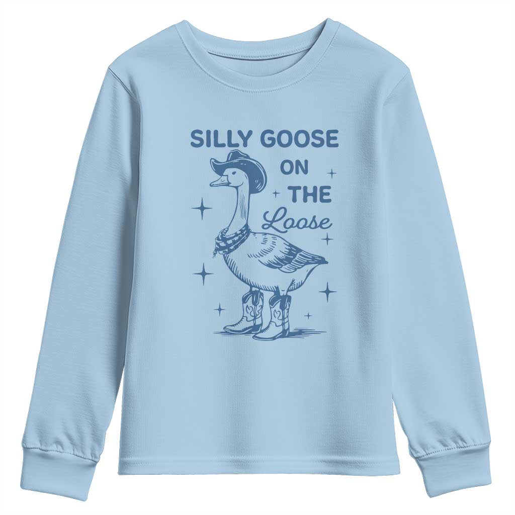Retro Silly Goose On The Loose Youth Sweatshirt 90s Aesthetic Funny Cowgirl Western TS10 Light Blue Print Your Wear