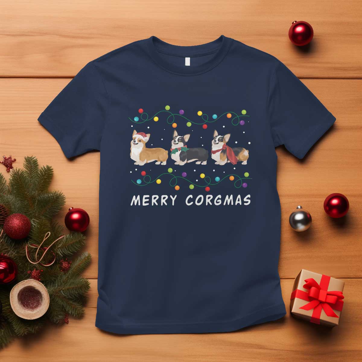 Corgi Dog Christmas T Shirt Merry Corgmas Santa Tree Lights Xmas Dog Mom Ugly TS10 Navy Print Your Wear