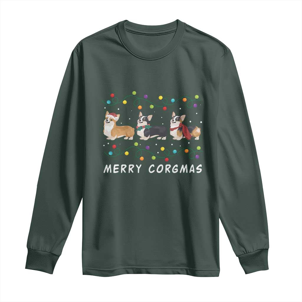 Corgi Dog Christmas Long Sleeve Shirt Merry Corgmas Santa Tree Lights Xmas Dog Mom Ugly TS10 Dark Forest Green Print Your Wear