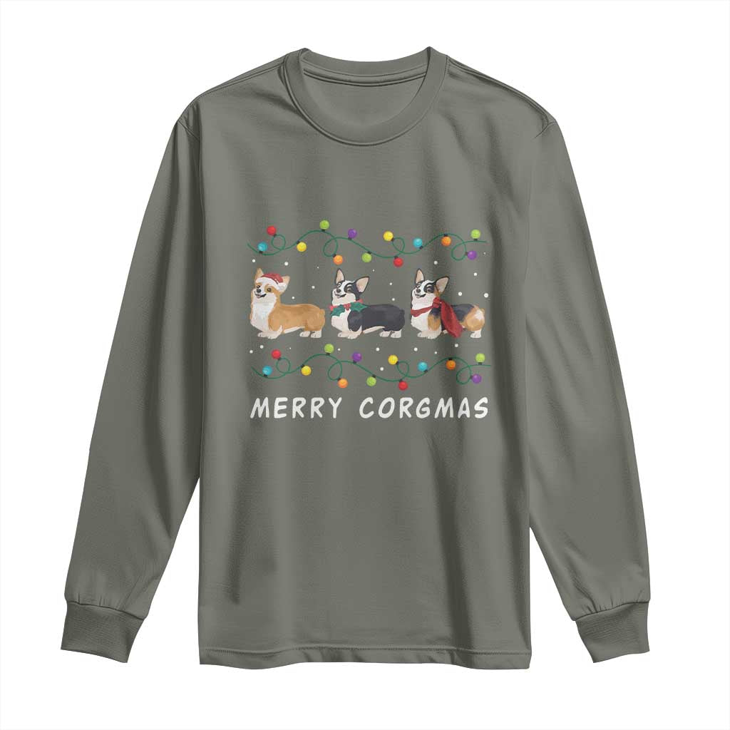 Corgi Dog Christmas Long Sleeve Shirt Merry Corgmas Santa Tree Lights Xmas Dog Mom Ugly TS10 Military Green Print Your Wear