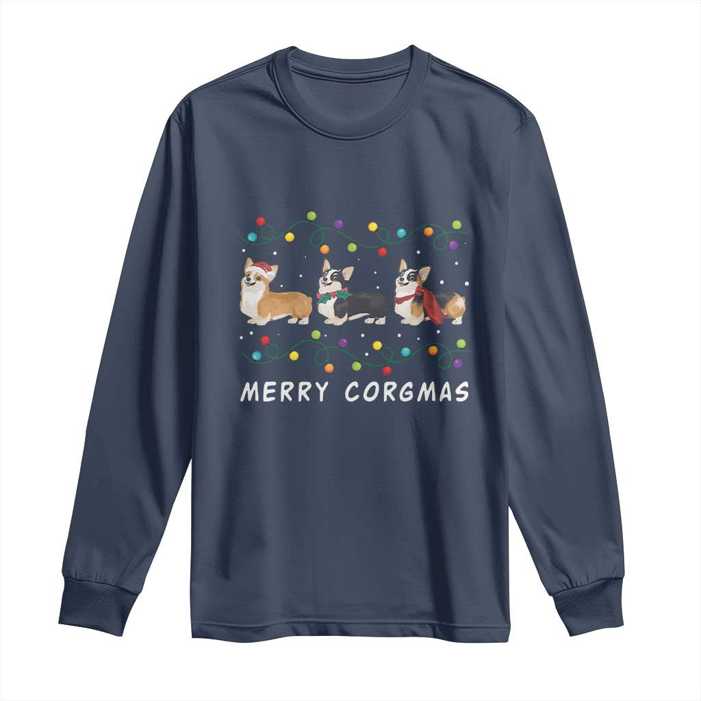 Corgi Dog Christmas Long Sleeve Shirt Merry Corgmas Santa Tree Lights Xmas Dog Mom Ugly TS10 Navy Print Your Wear