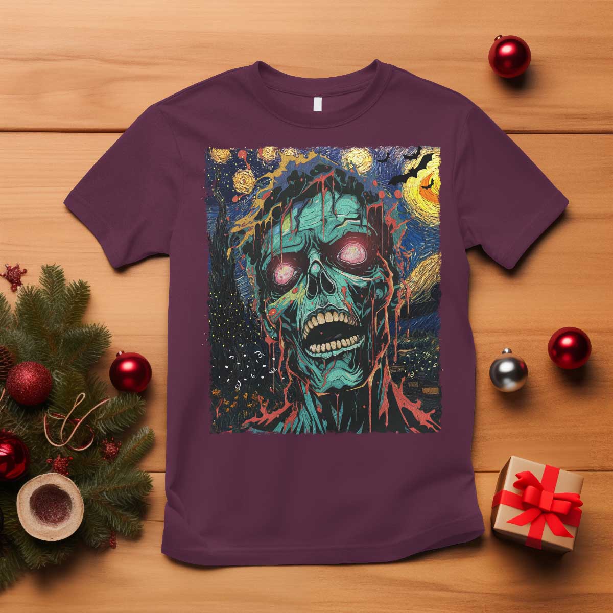 Horror Halloween Skull T Shirt Van Gogh Starry Night TS10 Maroon Print Your Wear