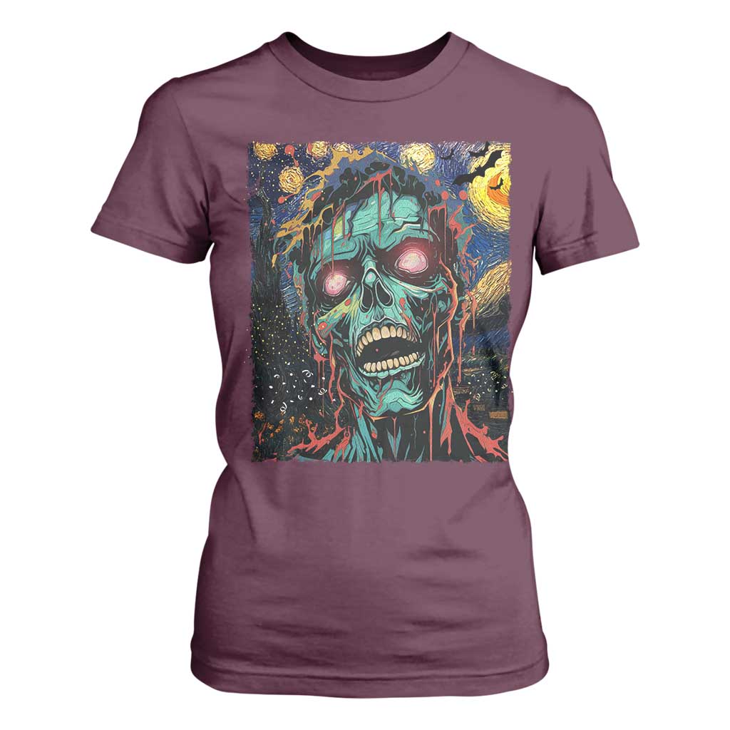 Horror Halloween Skull T Shirt For Women Van Gogh Starry Night TS10 Maroon Print Your Wear