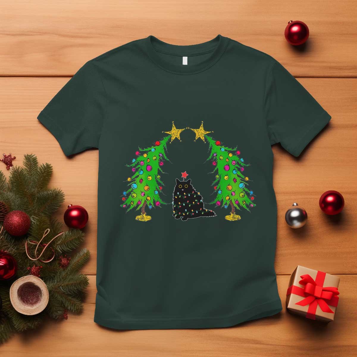 Cute Cat Christmas T Shirt Kitty Cat Lover Xmas Tree Lights TS10 Dark Forest Green Print Your Wear