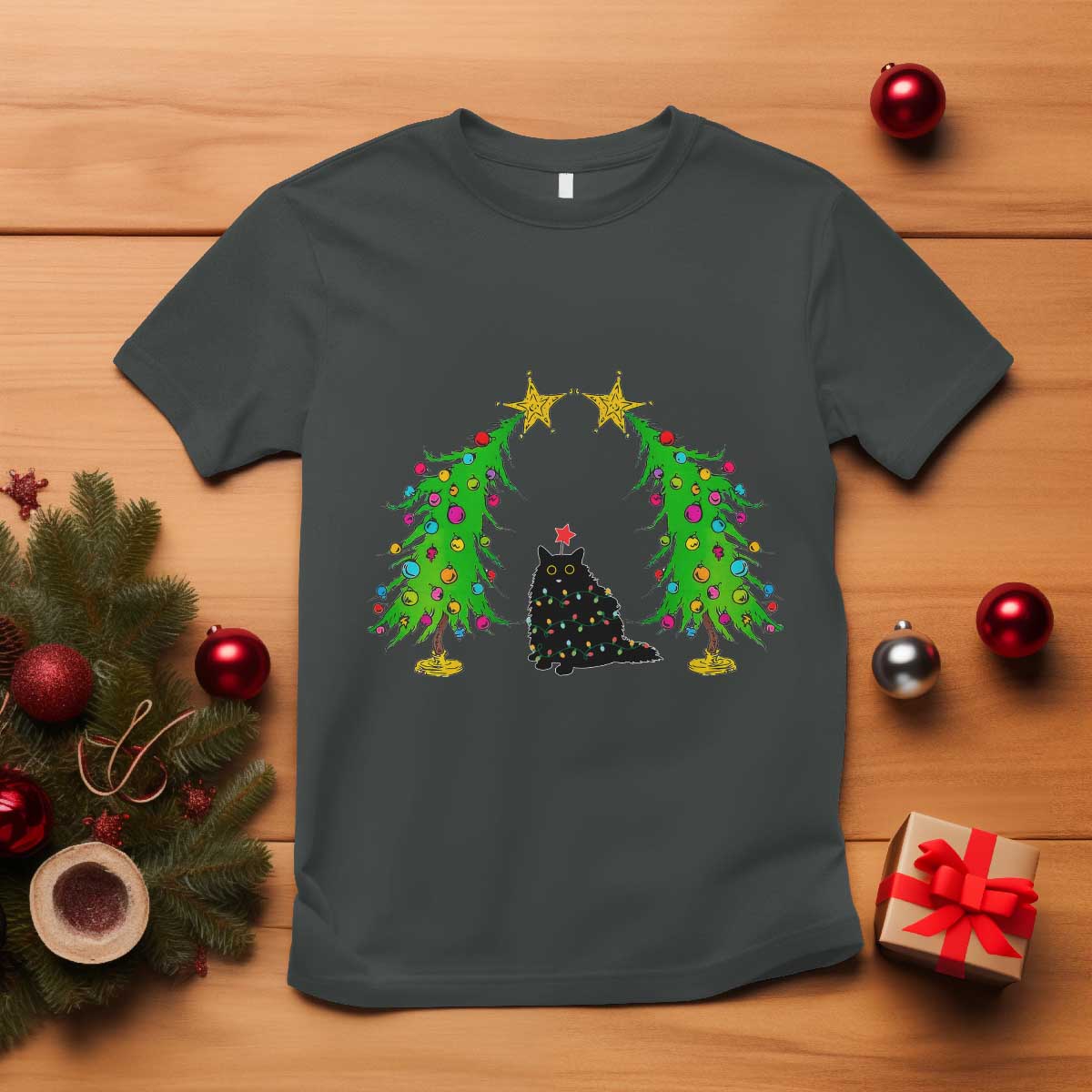 Cute Cat Christmas T Shirt Kitty Cat Lover Xmas Tree Lights TS10 Dark Heather Print Your Wear