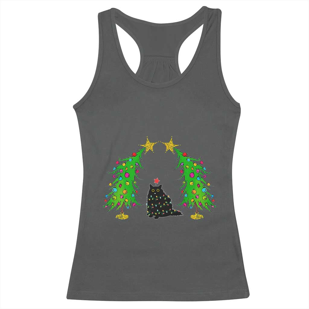 Cute Cat Christmas Racerback Tank Top Kitty Cat Lover Xmas Tree Lights TS10 Dark Heather Print Your Wear