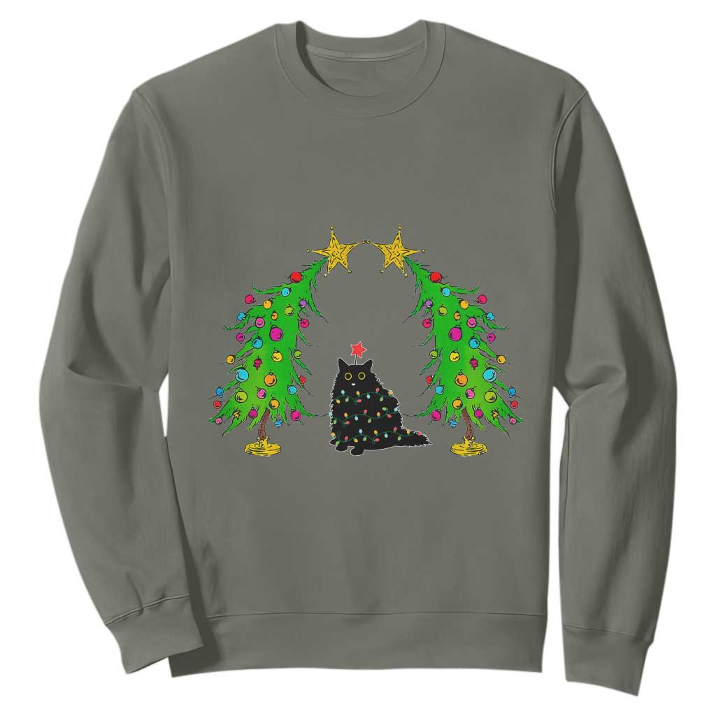 Cute Cat Christmas Sweatshirt Kitty Cat Lover Xmas Tree Lights TS10 Military Green Print Your Wear