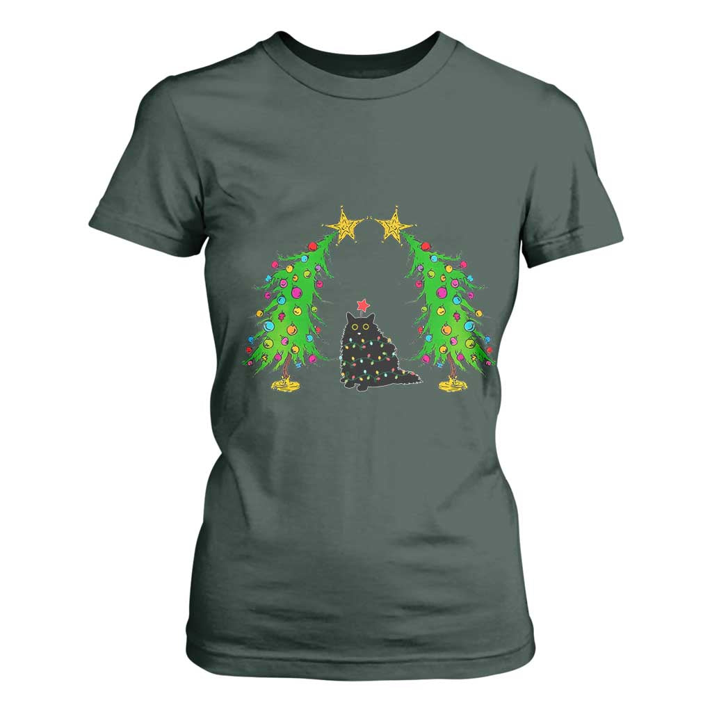 Cute Cat Christmas T Shirt For Women Kitty Cat Lover Xmas Tree Lights TS10 Dark Forest Green Print Your Wear