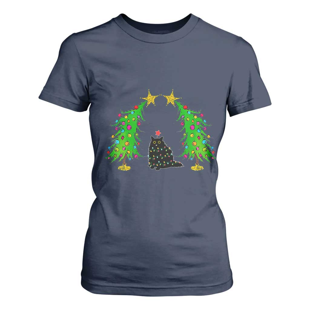 Cute Cat Christmas T Shirt For Women Kitty Cat Lover Xmas Tree Lights TS10 Navy Print Your Wear