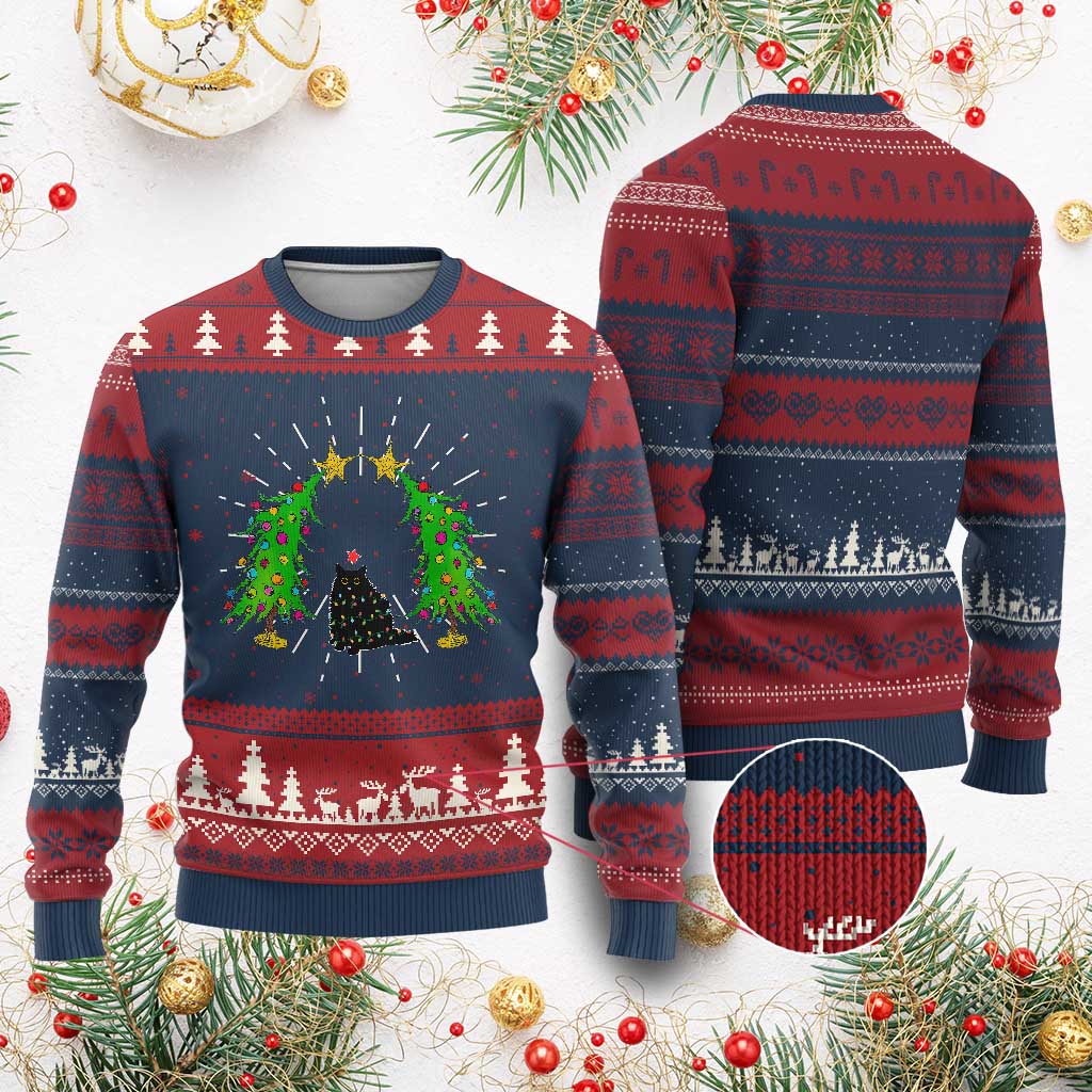 Cute Cat Ugly Christmas Sweater Kitty Cat Lover Xmas Tree Lights TS10 Burgundy Print Your Wear