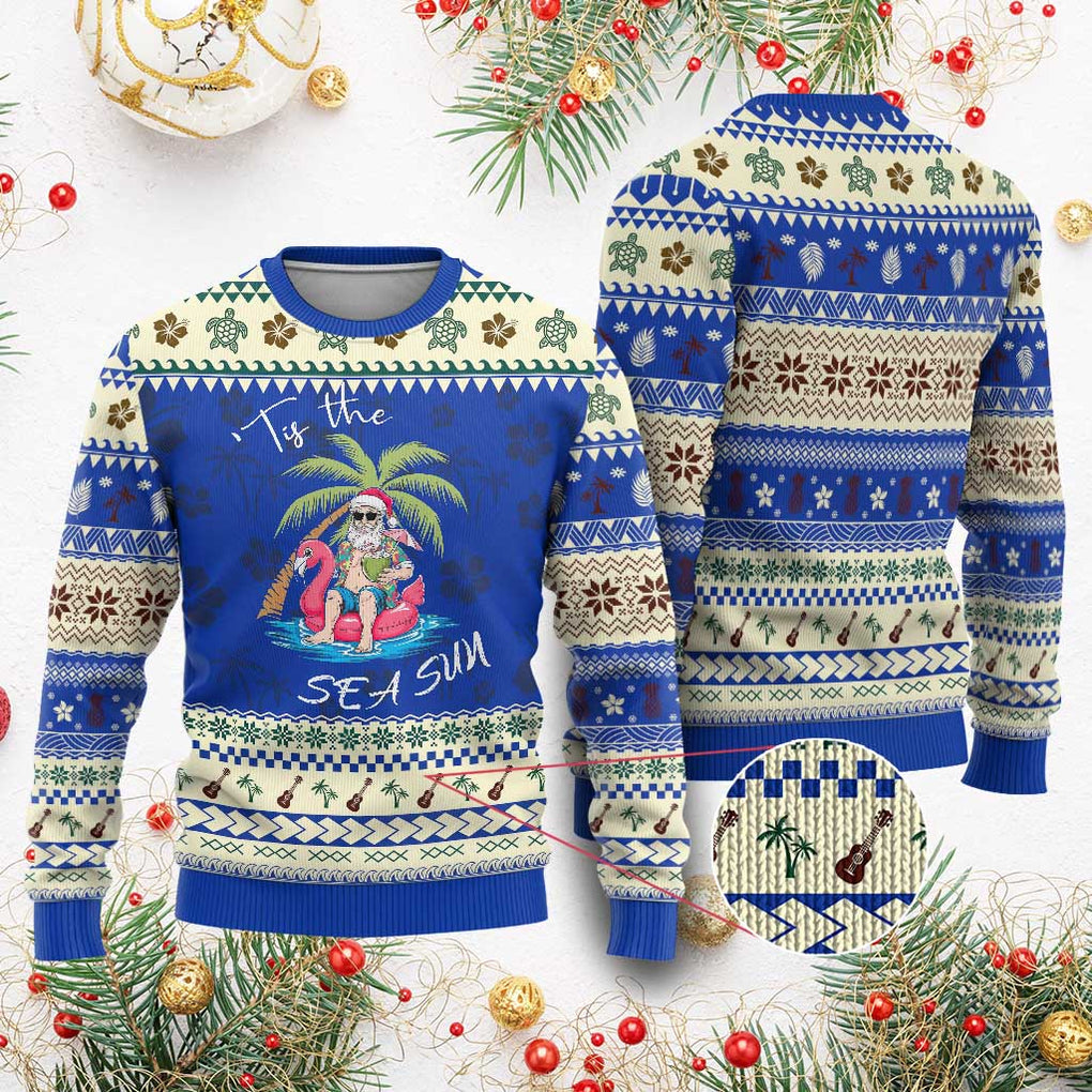 Hawaiian Ugly Christmas Sweater Santa Tis The Sea Sun Beach Hawaii Xmas In July Tropical Xmas Gift Family Holiday TS10 Blue Print Your Wear