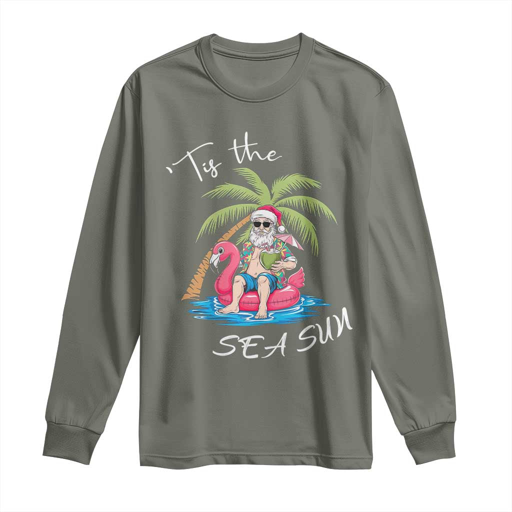 Hawaiian Christmas Santa Long Sleeve Shirt Tis The Sea Sun Beach Hawaii Xmas Tropical Xmas TS10 Military Green Print Your Wear