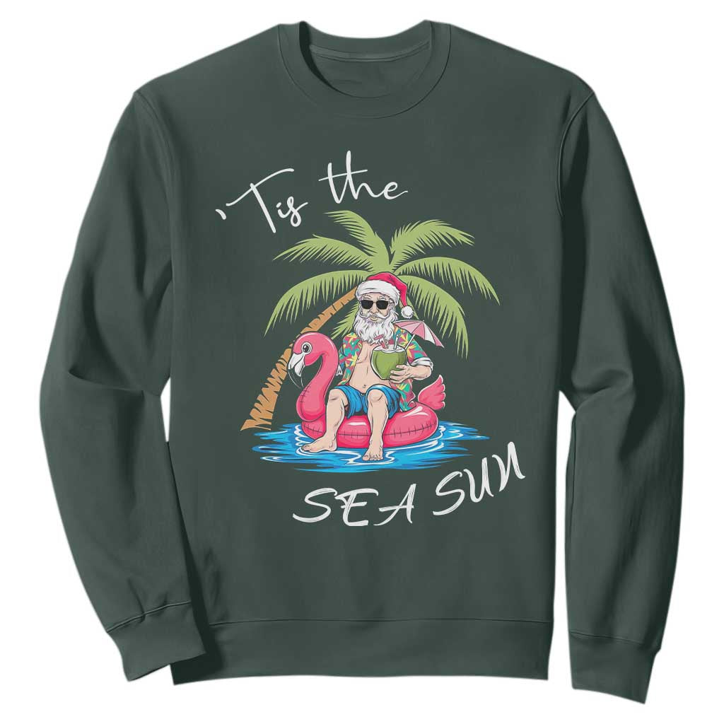 Hawaiian Christmas Santa Sweatshirt Tis The Sea Sun Beach Hawaii Xmas Tropical Xmas TS10 Dark Forest Green Print Your Wear