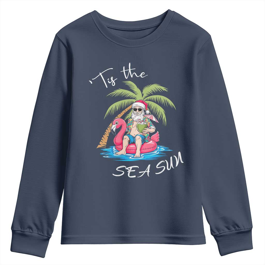 Hawaiian Christmas Santa Youth Sweatshirt Tis The Sea Sun Beach Hawaii Xmas Tropical Xmas TS10 Navy Print Your Wear