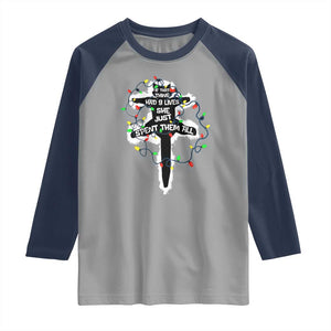 Funny Cat Christmas Raglan Shirt Pussy-cat If That Thing Had Nine Lives She Just Spent Them All Meowy Catmas Gift TS10 Sport Gray Navy Print Your Wear