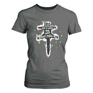 Funny Cat Christmas T Shirt For Women Pussy-cat If That Thing Had Nine Lives She Just Spent Them All Meowy Catmas Gift TS10 Dark Heather Print Your Wear