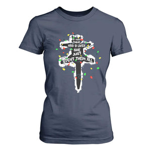 Funny Cat Christmas T Shirt For Women Pussy-cat If That Thing Had Nine Lives She Just Spent Them All Meowy Catmas Gift TS10 Navy Print Your Wear