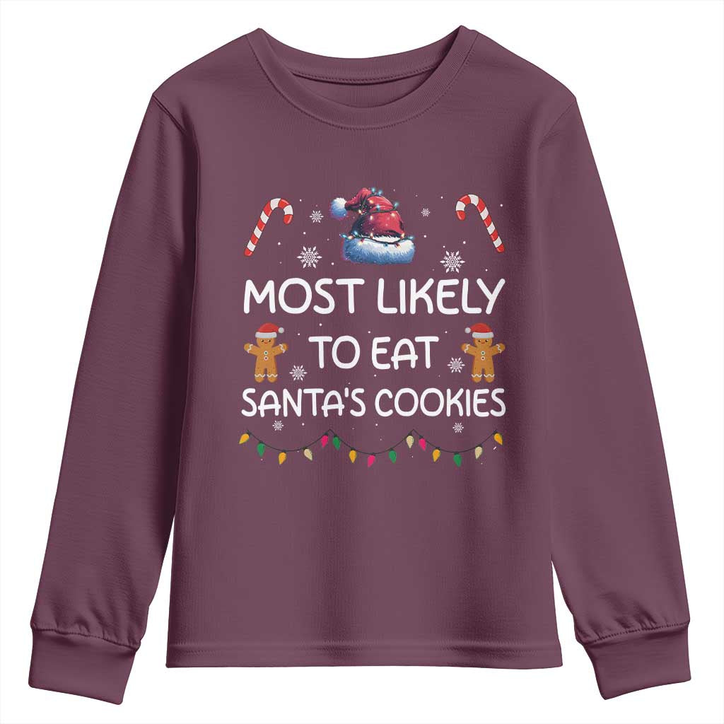 Family Matching Christmas Youth Sweatshirt Most Likely To Eat Santas Cookies TS10 Maroon Print Your Wear