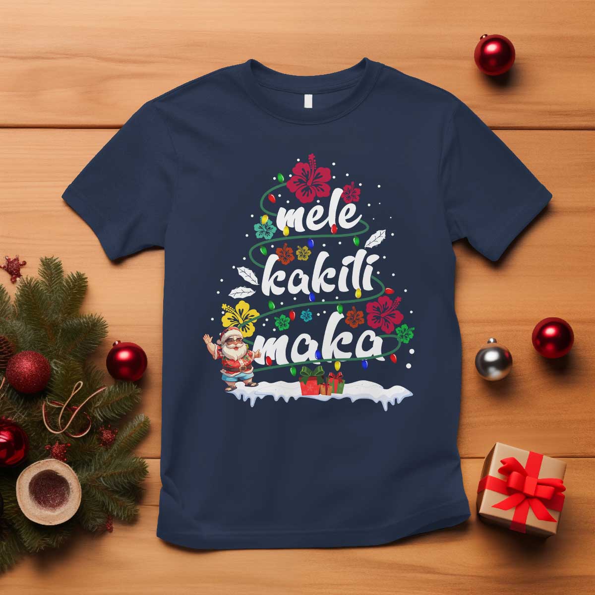 Hawaiian Christmas Tree T Shirt Mele Kalikimaka Beach Family Vacation Xmas Hawaii Santa TS10 Navy Print Your Wear