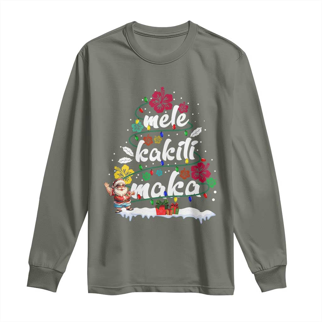 Hawaiian Christmas Tree Long Sleeve Shirt Mele Kalikimaka Beach Family Vacation Xmas Hawaii Santa TS10 Military Green Print Your Wear
