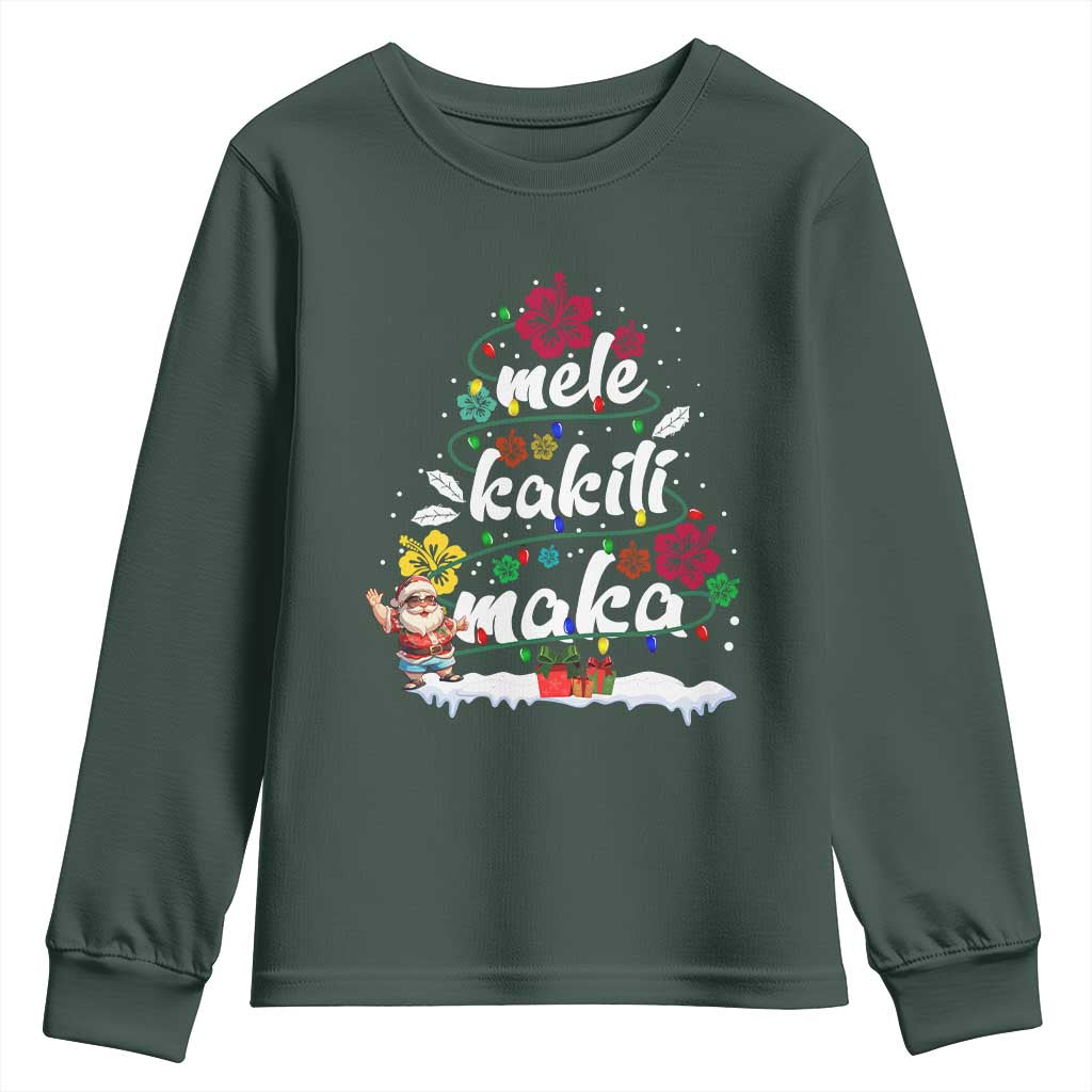 Hawaiian Christmas Tree Youth Sweatshirt Mele Kalikimaka Beach Family Vacation Xmas Hawaii Santa TS10 Dark Forest Green Print Your Wear