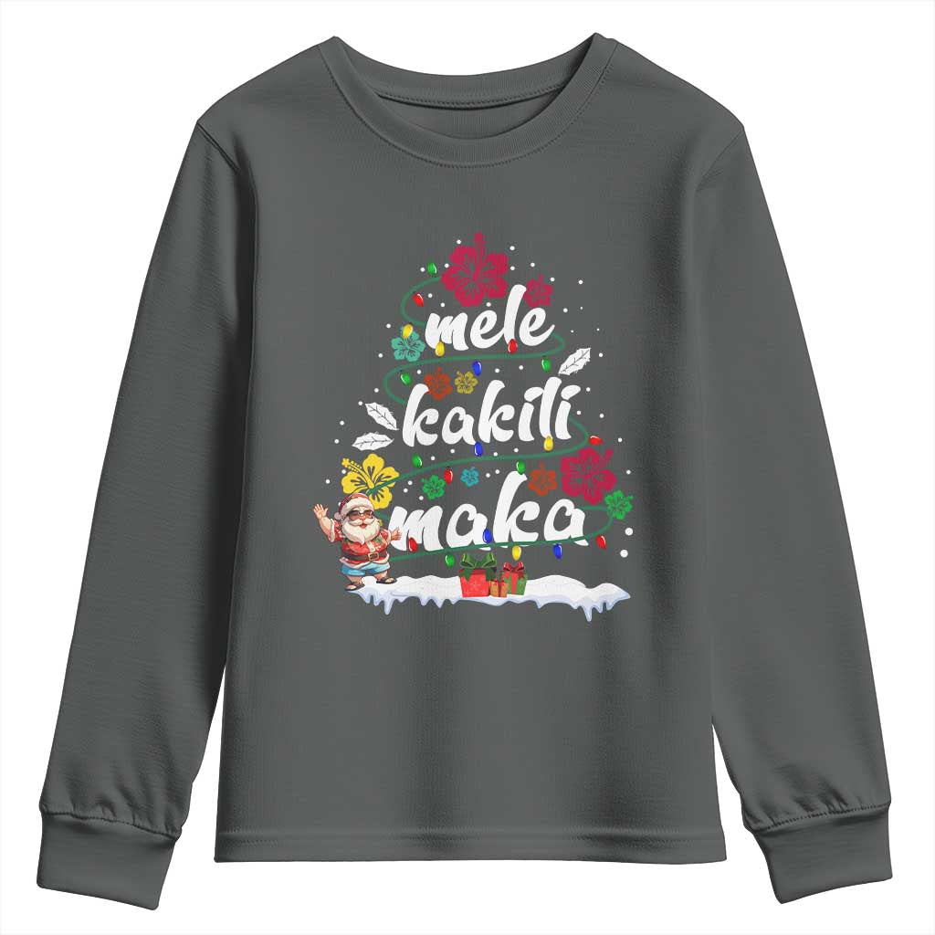 Hawaiian Christmas Tree Youth Sweatshirt Mele Kalikimaka Beach Family Vacation Xmas Hawaii Santa TS10 Dark Heather Print Your Wear
