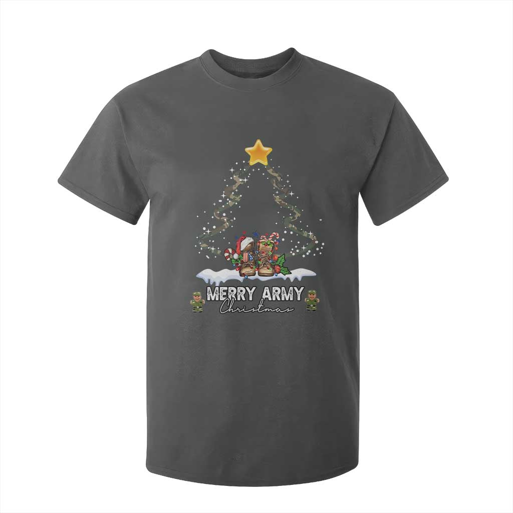 Merry Army Christmas T Shirt For Kid Military Family Veteran Xmas Gift Camo Boots TS10 Dark Heather Print Your Wear