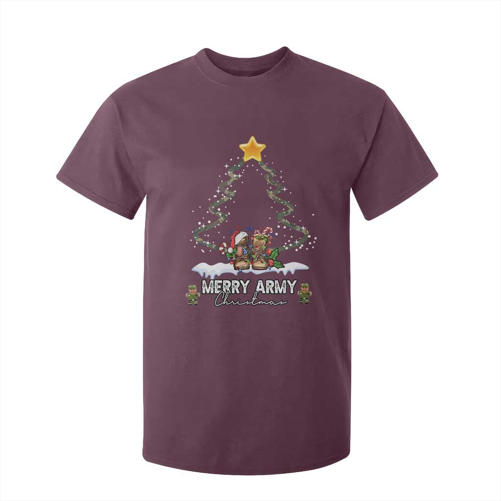 Merry Army Christmas T Shirt For Kid Military Family Veteran Xmas Gift Camo Boots TS10 Maroon Print Your Wear