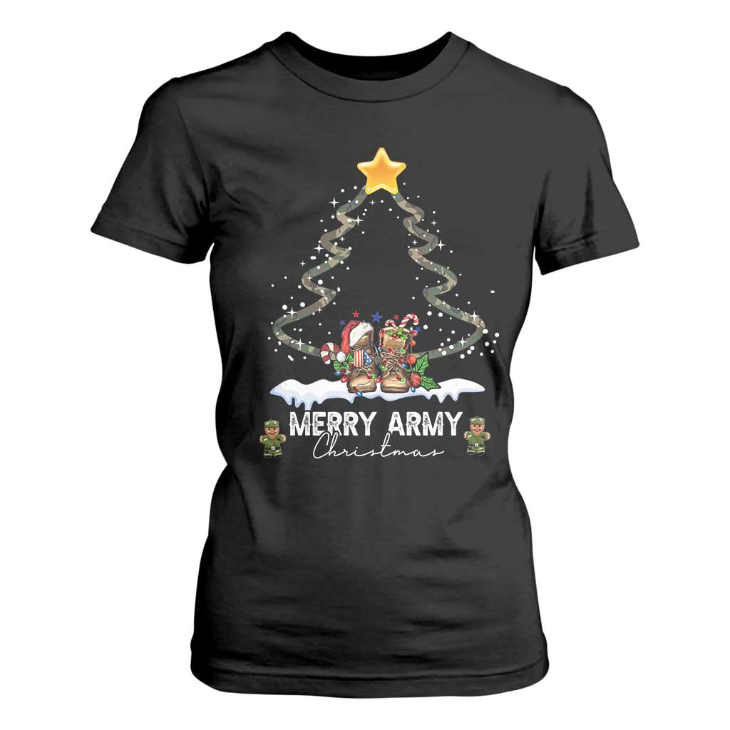 Merry Army Christmas T Shirt For Women Military Family Veteran Xmas Gift Camo Boots TS10 Black Print Your Wear