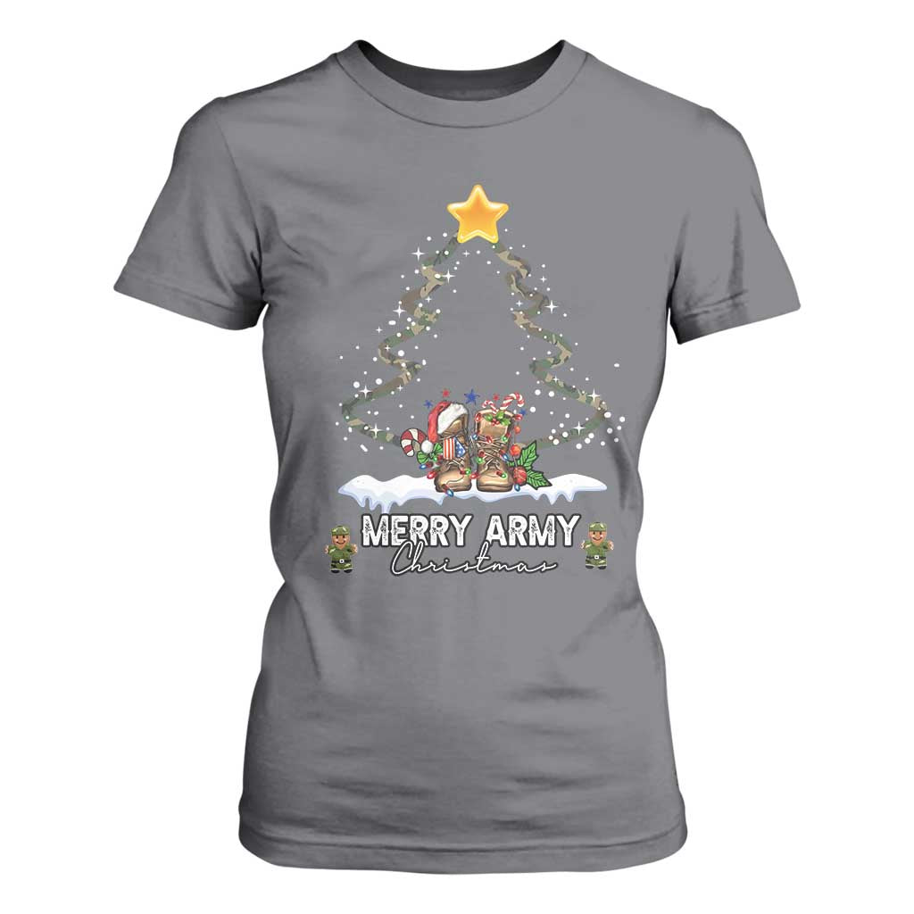 Merry Army Christmas T Shirt For Women Military Family Veteran Xmas Gift Camo Boots TS10 Charcoal Print Your Wear
