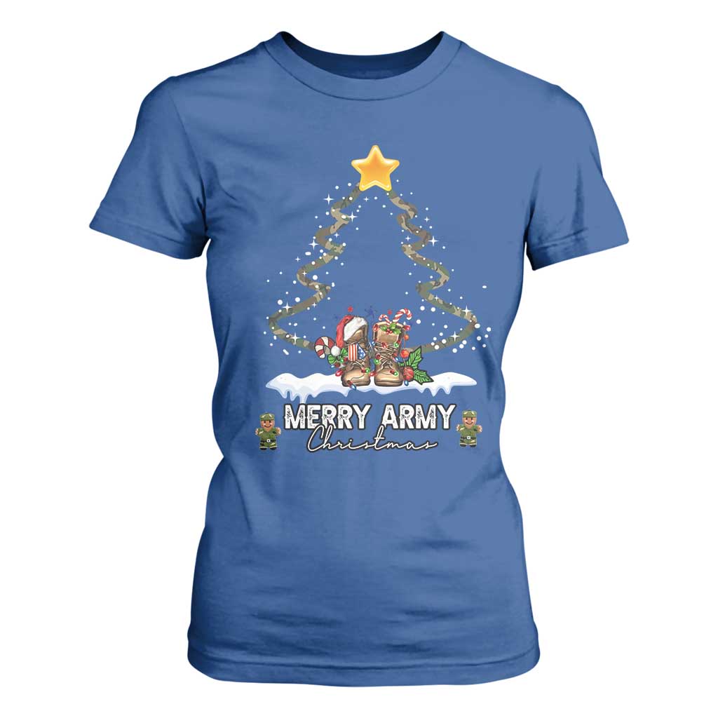 Merry Army Christmas T Shirt For Women Military Family Veteran Xmas Gift Camo Boots TS10 Royal Blue Print Your Wear