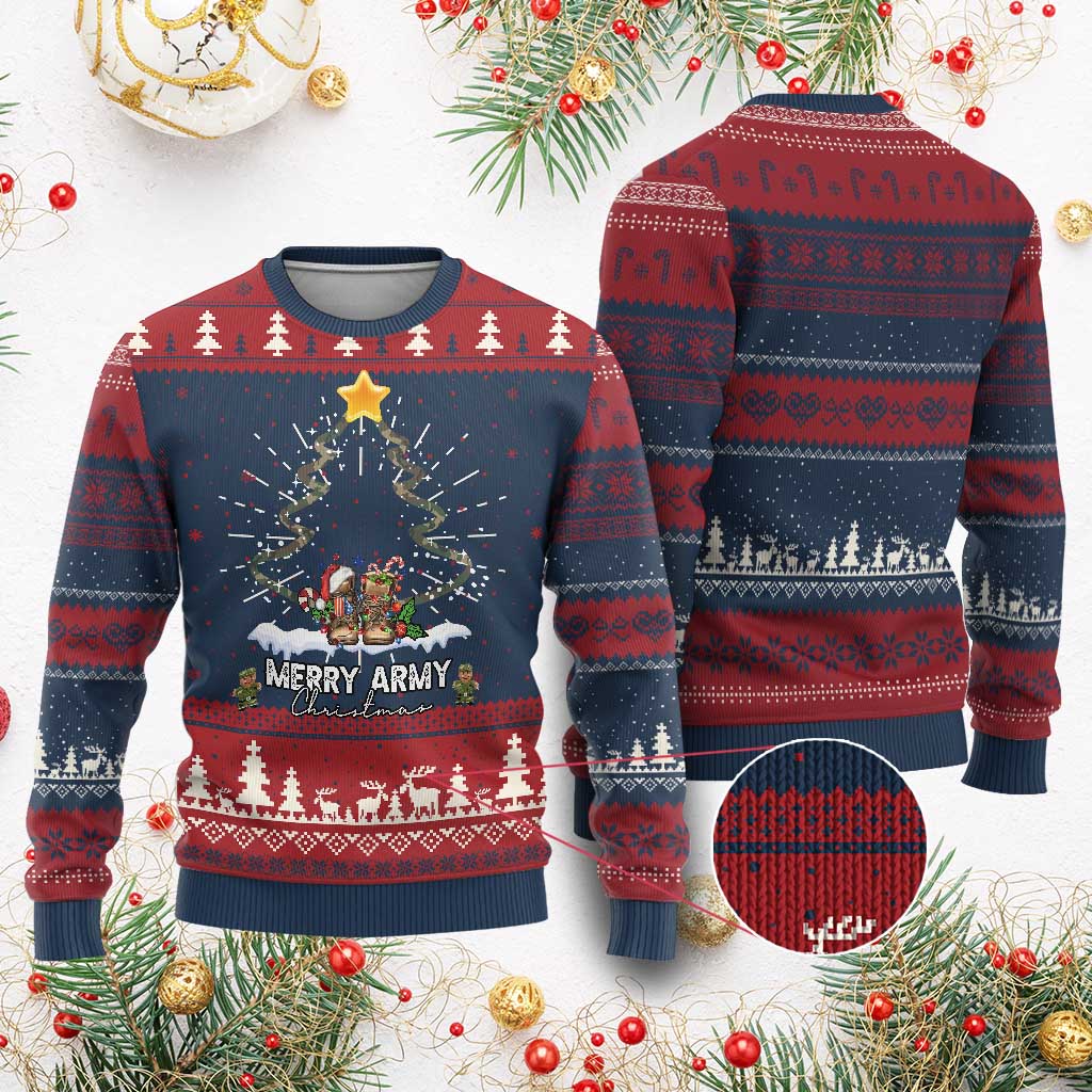 Merry Army Christmas Ugly Christmas Sweater Military Family Veteran Xmas Gift Camo Boots TS10 Burgundy Print Your Wear